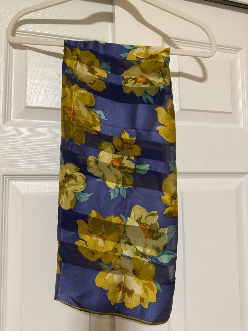Pierre Balmain Blue Floral Silk Scarf with Yellow Blooms